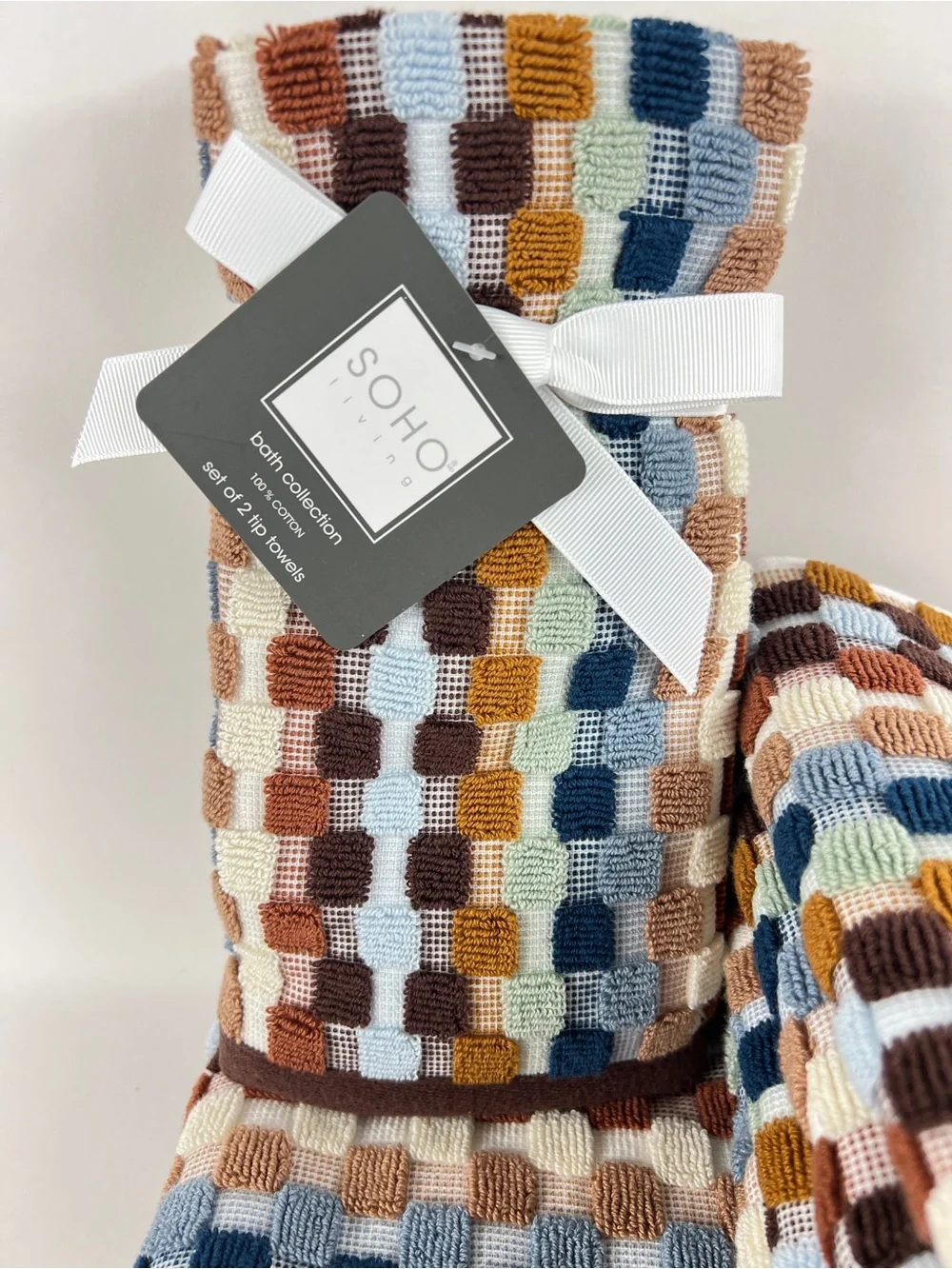 Share Soho Living Bath Towel Set Brown Blue Green Dotted Stripe Soft Cotton 6 Pc